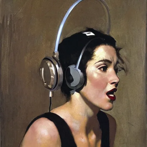 Image similar to Portrait of a woman with headphones that is shocked at what she's hearing, by Robert McGinnis.