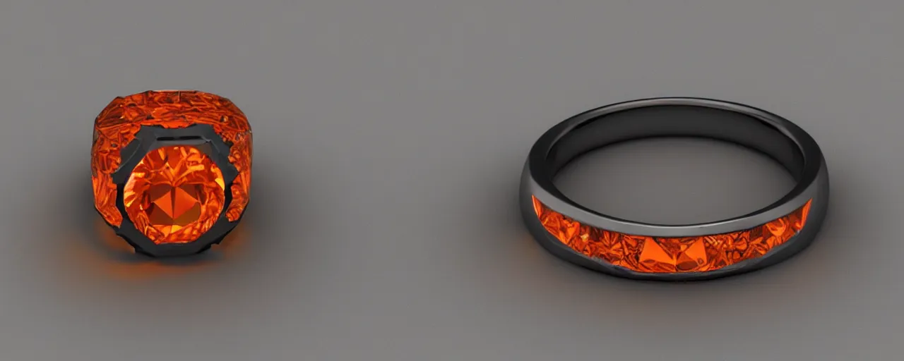 Prompt: simple black tungsten magic crystal ring, radiant cut, fire, orange, smooth shank, crystal, engravings, diamonds, product design, jewelry, colorful, art by gerald brom, greg rutkowski and artgerm, photo realism, unreal engine, c 4 d