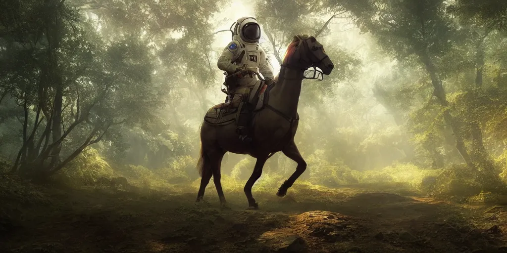 Prompt: american astronaut in an indian forest riding a beautiful horse, elegant scene, wide angle, cinematic lighting, atmospheric, ultrarealistic, trending on artstation, cgsociety, highly detailed, color graded, in the style of craig mullins, rendered in Unreal Engine 4k HQ, horizon forbidden west