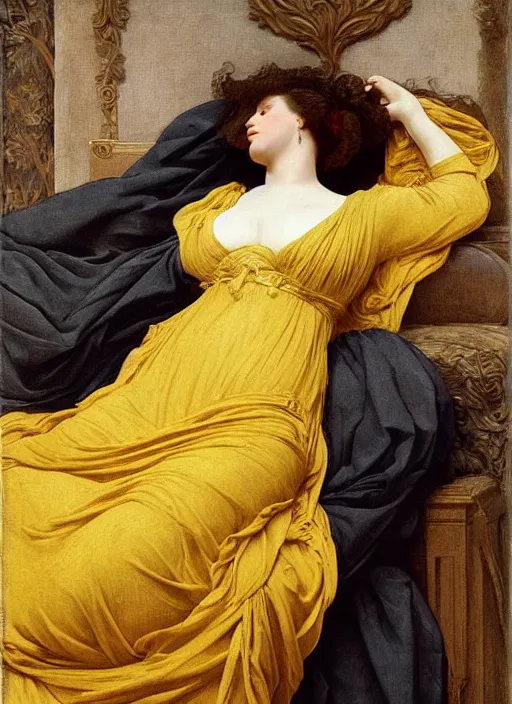 Image similar to masterpiece hybrid portrait of hybrid of sarah siddons and lisa minelli, reclining on bed, flowing cloth floating in the wind, wearing yellow ochre ornate medieval dress, vertical, foreshortening, colour photography by frederic leighton, william morris, 8 k