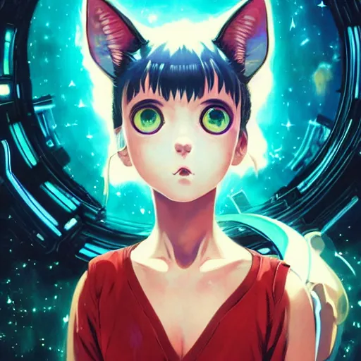 Prompt: A space cat with big and cute eyes, || VERY ANIME, fine-face, realistic shaded perfect face, fine details. Anime. realistic shaded lighting poster by Ilya Kuvshinov katsuhiro otomo ghost-in-the-shell, magali villeneuve, artgerm, Jeremy Lipkin and Michael Garmash, Rob Rey and Kentarõ Miura style, trending on art station