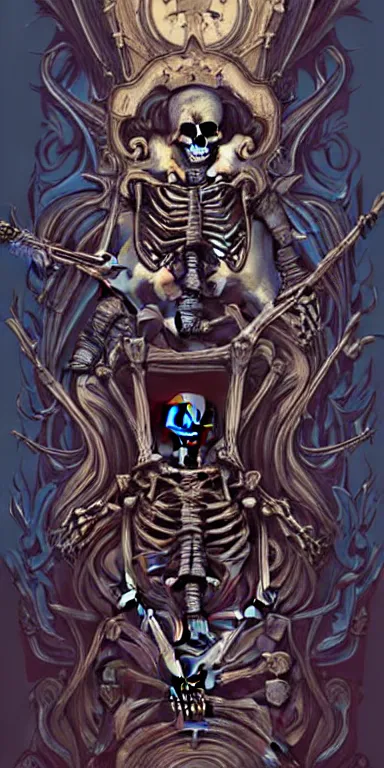 Prompt: a painting of a skeleton sitting on a throne, poster art by Petros Afshar, James Jean, Joe Fenton, Lise Deharme, Anne Stokes, Brian Despain behance contest winner, gothic art, tarot card, apocalypse art, behance hd, macabre poster art, gothic art