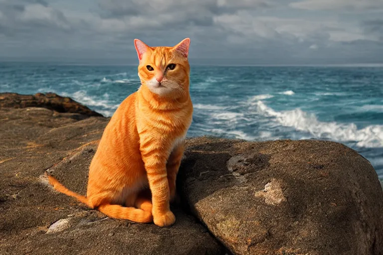 Image similar to orange tabby cat sitting on a rock facing towards ocean, image taken from afar, realistic lighting, highly detailed, rule of thirds, by charles angrand