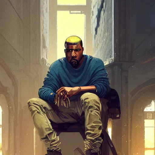 Image similar to highly detailed portrait kanye west holding glock gta v stephen bliss unreal engine fantasy art by greg rutkowski loish rhads ferdinand knab makoto shinkai lois van baarle ilya kuvshinov rossdraws tom bagshaw global illumination radiant light detailed intricate environment