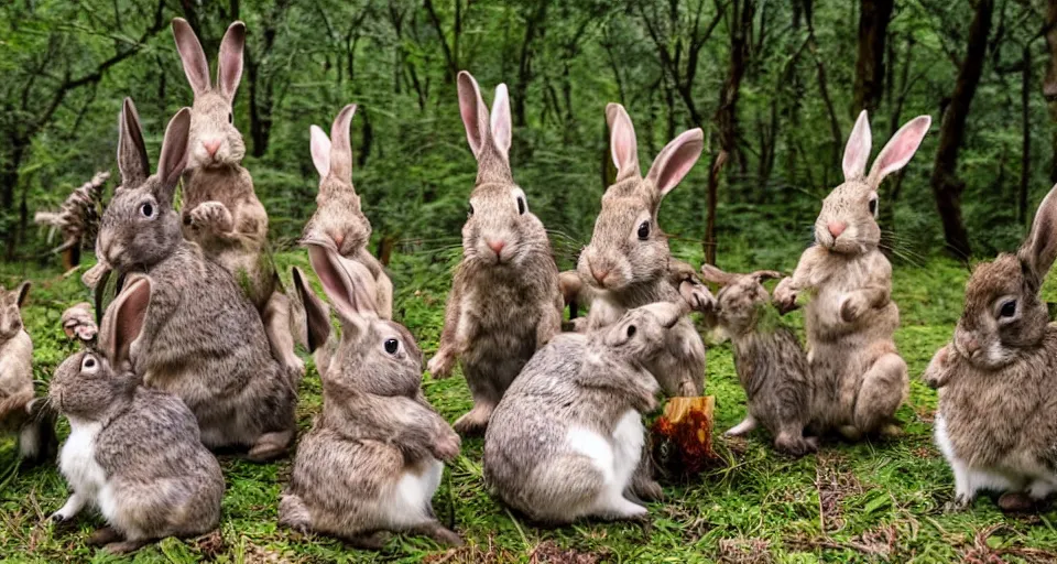 Image similar to shamanic ritual, A group of rabbits performing a shamanic ritual in a forest