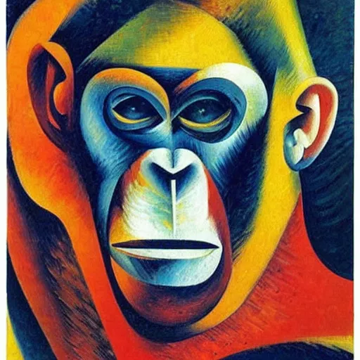 Image similar to cubo - futurism art portrait of an ape monkey by umberto boccioni, futuristic very abstract style painting, futurism art movement