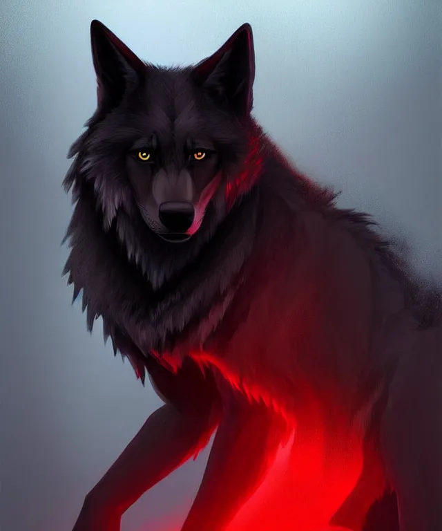 Image similar to award winning painting of a anthropomorphic black male wolf fursona long red hair | | artstation, pinterest, volumetric lighting, highly detailed, photorealistic