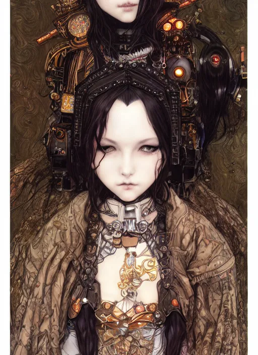 Image similar to portrait of cute beautiful young gothic maiden, cyberpunk, Warhammer, highly detailed, artstation, illustration, art by Gustav Klimt and Range Murata and Katsuya Terada