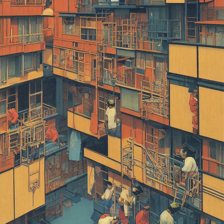 Image similar to workers exploited, living in hostels with bunk beds stacked on top of one another, by kawase hasui, moebius and edward hopper, colorful flat surreal design, hd, 8 k, artstation