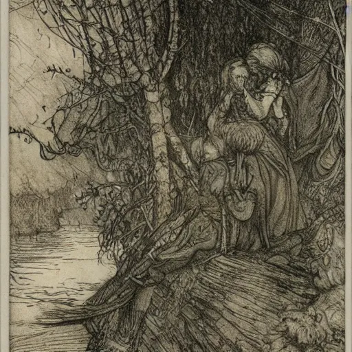 Image similar to once upon a midnight dreary, while i pondered, weak and weary, over many a quaint and curious volume of forgotten lore, by arthur rackham, highly detailed, 8 k,