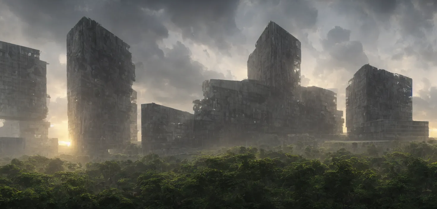 Prompt: brutalist architecture, surrounded by lush green vegetation, stunning volumetric lighting, sunset, metal, concrete, translucent material, stunning skies, 8k, photorealistic, hyper detailed, unreal engine 5, IMAX quality, cinematic, epic lighting, digital painting in the style of DOOM, by Greg Rutkowski, trending on Artstation