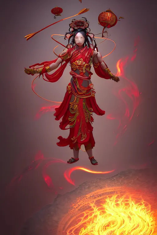 Image similar to nezha flies around swiftly on his wind flame circles in ruin chinese city, masterpiece, chinese mythology, top view, cinematic, fantasy character portrait, highly detailed, by new gods : nezha reborn, nezha : birth of the demon child, ne zha from smite, trending on artstation, concept art, flame everywhere,