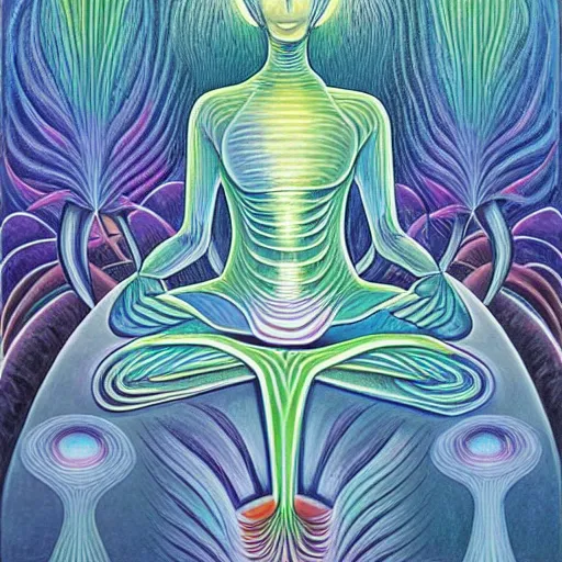 Image similar to painting of a tranquil alien meditating in dense forest by alex grey, acrylic art, ethereal, soothing, somber, elegant, warm light, cozy