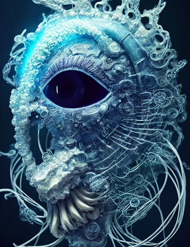 Image similar to eye of god macro close - up portrait with mask made of ram skull. betta fish, jellyfish phoenix, plasma, ice, water, wind, creature, super intricate ornaments artwork by tooth wu and wlop and beeple and greg rutkowski