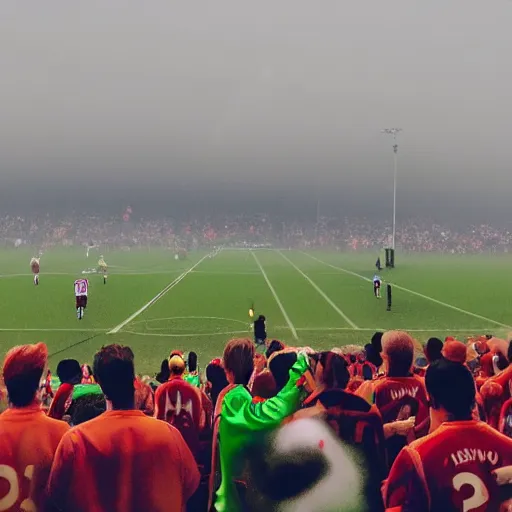 Prompt: clowns coming out of a small car in the middle of a soccer stadium while the game was happening, wide shot, phone quality, picture taken from the stadium bleachers, little fog, the soccer players are shocked