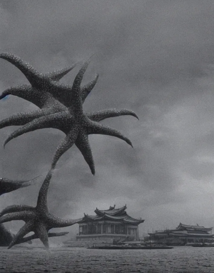 Image similar to a filmstill of a north korean monster movie, kaiju - eiga monster starfish - like trampling a traditional korean palace, foggy, film noir, video compression