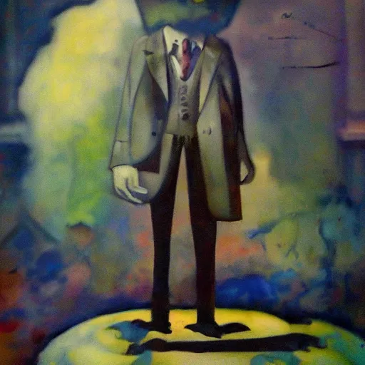 Prompt: phthalo, stock photo haunting by lois mailou jones, by george grosz. a beautiful street art of a small figure standing in the center of a dark, foreboding landscape. the figure is surrounded by strange, monstrous creatures, & there is a feeling of unease & dread.