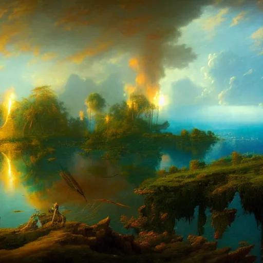 Prompt: Hyper detailed painting, smoke on the water a fire in the sky, fantasy epic painting of vibrant beauty by Benoit B. Mandelbrot, Martin Johnson Heade, Lee Madgwick, and Caspar David Friedrich, 4k,Trending on artstation - H 1024