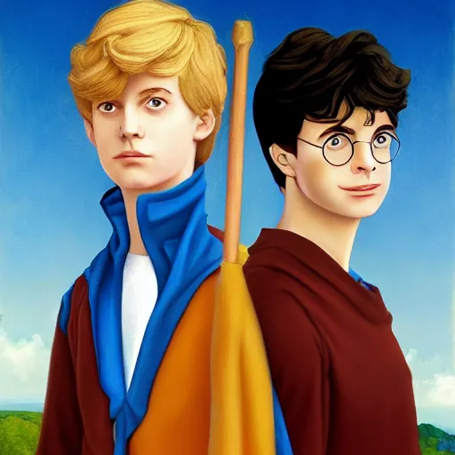 Prompt: Harry Potter and Percy Jackson unite by Raphael, Hopper, and Rene Magritte. detailed, romantic, enchanting, trending on artstation.