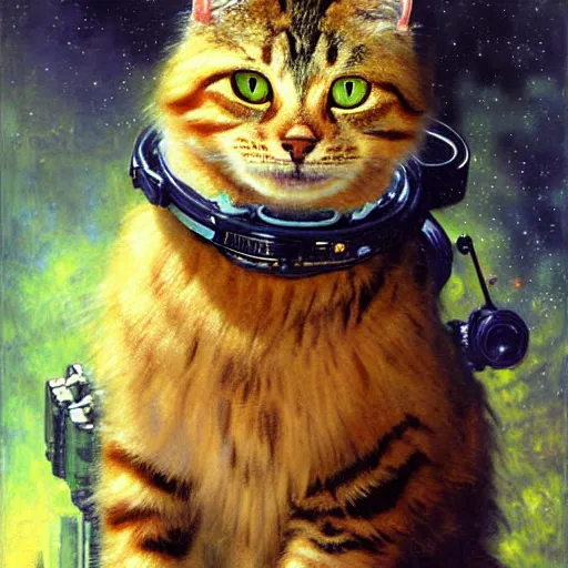 Image similar to a portrait of a humanoid fluffy tabby cat feline with green human eyes wearing a space suit. shadowrun cyberpunk fantasy highly detailed painting by gaston bussiere craig mullins jc leyendecker gustav klimt artgerm greg rutkowski john berkey, bergey, craig mullins, ruan jia, raymond swanland, jeremy mann, tom lovell, alex malveda