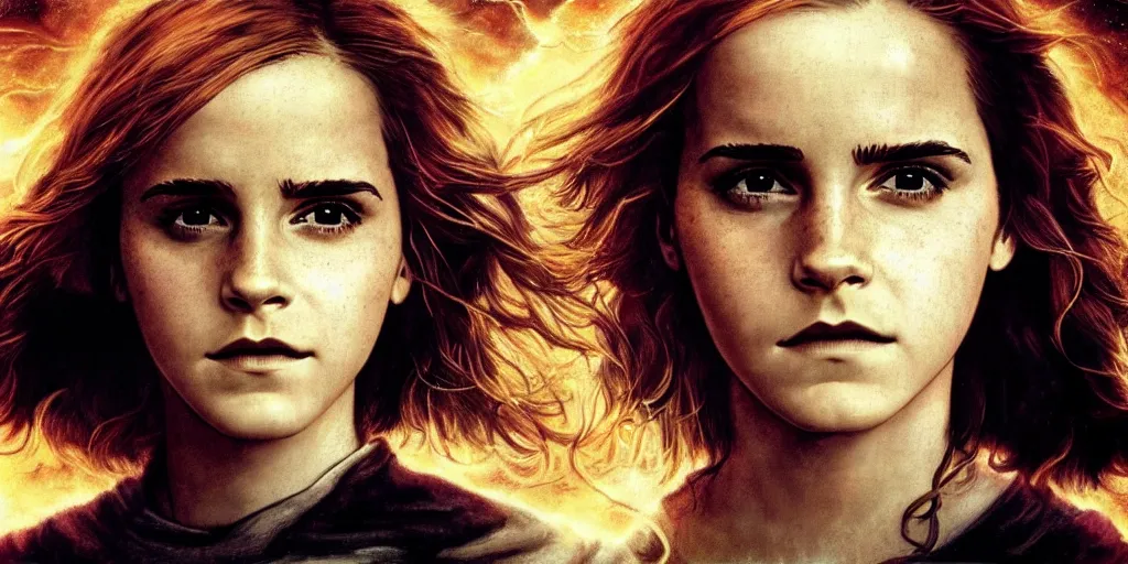 Image similar to Surreal. Vivid. Emma Watson as Hermione Granger. Beautiful. Golden. Hazel. Rays of light. WLOP!!!. Sunset. Captivating. James Paick. Gustave Baumann. Guy Denning. Jean Delville. Clyde Caldwell. Andrew Ferez. John Harris. Extremely detailed. 4K.