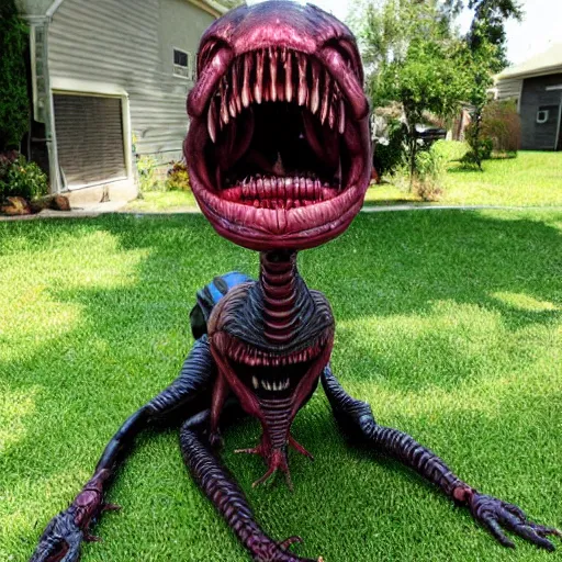 Image similar to drooling smooth xenomorph from the movie aliens IV with a small wet dog in its mouth. Suburban backyard. Production photograph from horror sci-fi film.