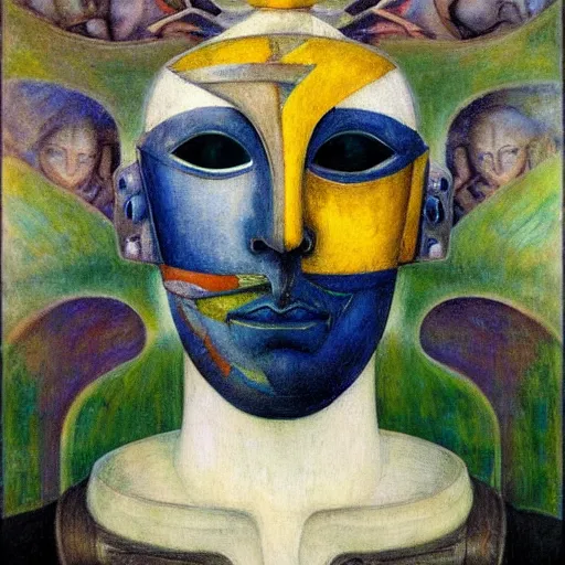 Prompt: masterpiece painting of the head of the robot flower king, by annie swynnerton and diego rivera and jean delville and tino rodriguez, flower mask, symbolist, dramatic lighting, god rays, elaborate geometric ornament, art brut, soft cool colors, smooth, sharp focus, extremely detailed, adolf wolfli