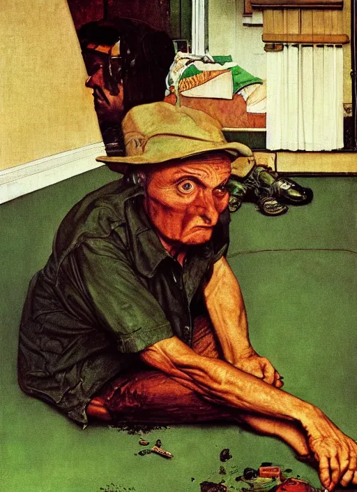 Prompt: dennis hopper crawling around on the floor of a dingy apartment, painted by norman rockwell and frank schoonover, green, dystopian