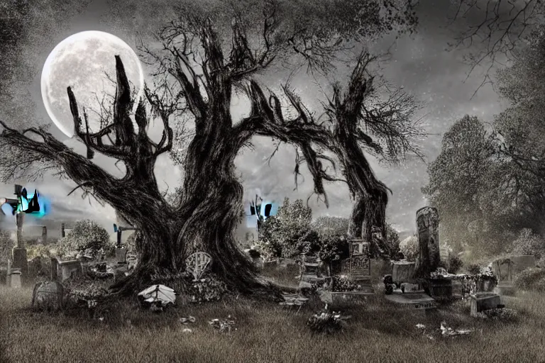 Prompt: dead rockers play guitars in the cemetery, rock concert, dark night, full moon, crows on the oak tree, highly detailed digital art, photorealistic