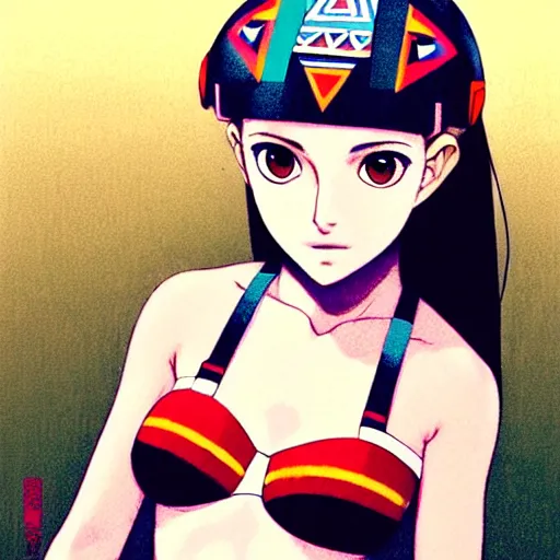 Prompt: beautiful boyish natalie portman alluring gravure model, wearing aztec wooden mask helmet cap and leotard, elegant bulky aztec football gear subtle mayan patterns, elegant aztec bathing suit, gapmoe yandere grimdark, trending on pixiv fanbox, painted by greg rutkowski makoto shinkai takashi takeuchi studio ghibli, akihiko yoshida