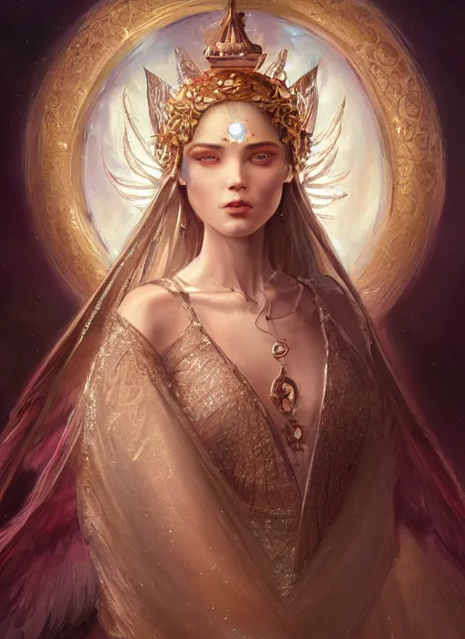 Image similar to A beautiful digital painting of a female Seraphim full of jewels, princess, the moon behind her, intricate, cinematic lighting, highly detailed, digital painting, Artstation, concept art, smooth, sharp focus, illustration, art by Tom Bagshaw, Artgerm and Greg Rutkowski