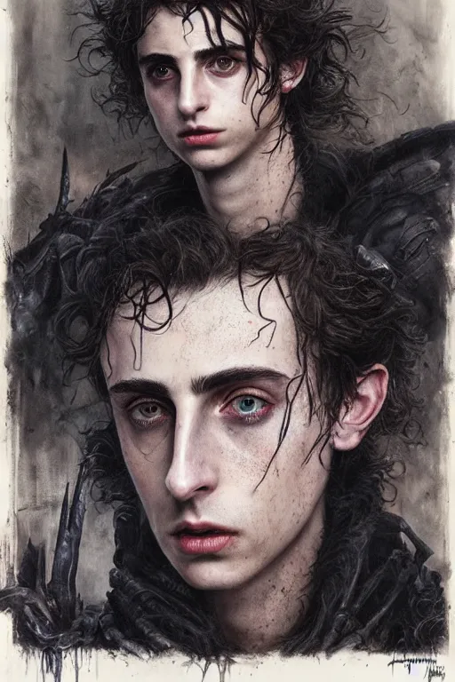 Image similar to portrait of timothee chalamet by hr giger, greg rutkowski, luis royo and wayne barlowe as a diablo, resident evil, dark souls, bloodborne monster