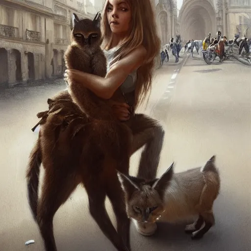 Image similar to young brigitte bardot rides a fluffy caracal in paris, hyperrealistic, detailed, art by greg rutkowski