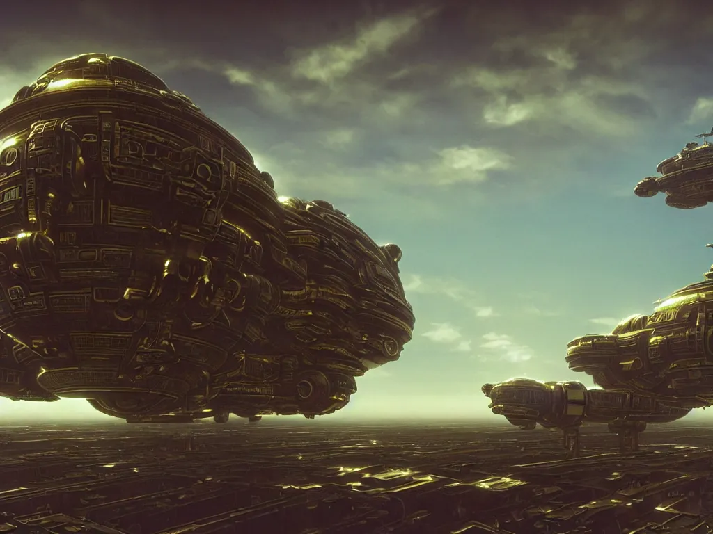 Image similar to an elaborate ornate spaceship, cinematic, shadows, partly cloudy day, 4 k, detailed, by chris foss and peter jackson and ridley scott and beeple and greg rutowski