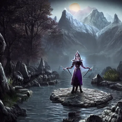 Prompt: The Elder Scrolls 6, Female Mage conjuring a spell, realistic, ultra detailed, menacing, powerful, dark, shallow focus, forest, mountains in the background concept art design as if designed by Wētā Workshop