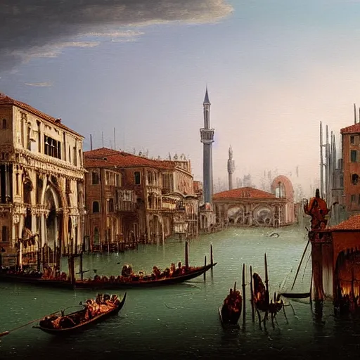 Image similar to beautiful painting of dieselpunk venice with decaying religious monuments alongside mechanical venetian automas in the style of Caspar David Friedrich