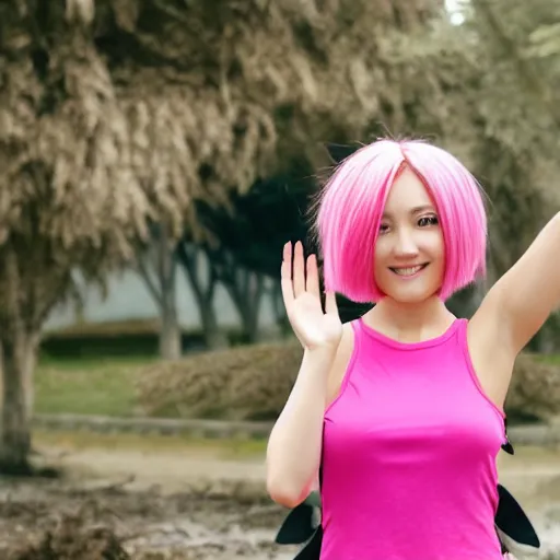 Image similar to anime woman with short pink hair in a bob style, light brown eyes, blue tank top, black pants, waving and smiling