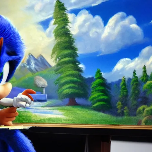 Image similar to a closeup photorealistic photograph of bob ross working on a canvas painting sonic the hedgehog. film still. brightly lit scene. mountains and trees. this 4 k hd image is trending on artstation, featured on behance, well - rendered, extra crisp, features intricate detail, epic composition and the style of unreal engine.