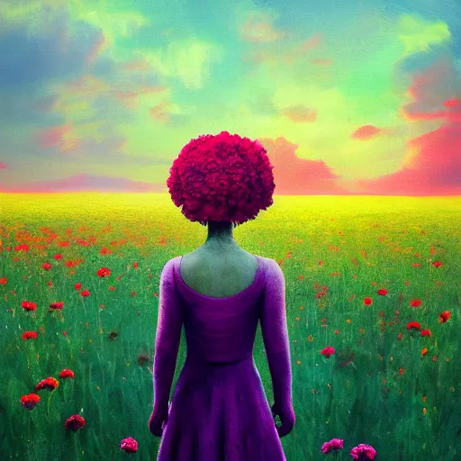 Image similar to head made of carnations flower, girl standing in the middle of a flower field, surreal photography, sunrise dramatic light, impressionist painting, colorful clouds, digital painting, artstation, simon stalenhag, flower face