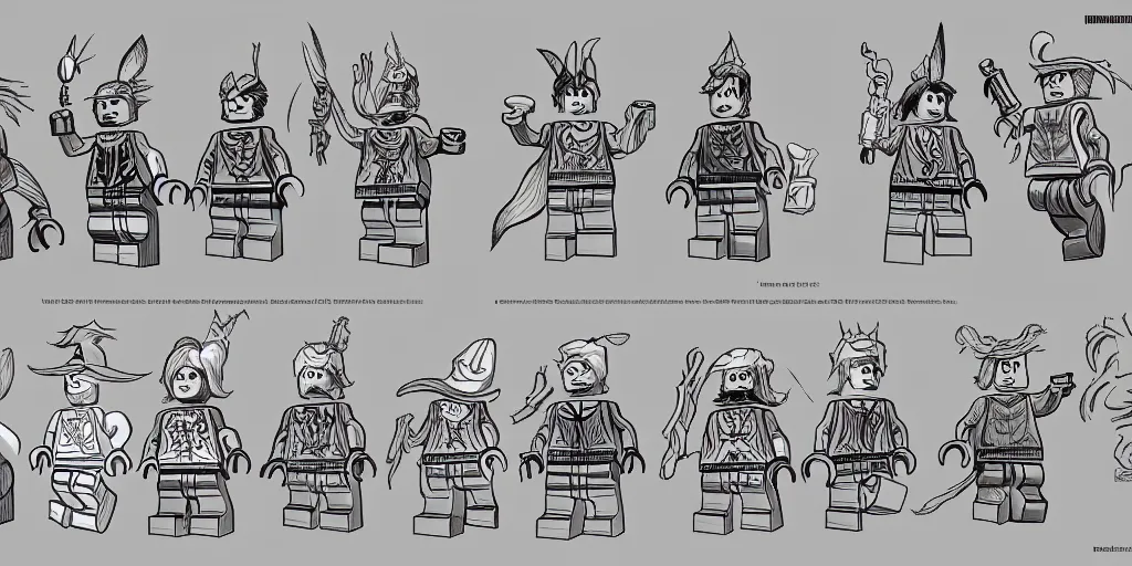 Image similar to characters from the magical lego imagination forest, sharp focus, moebius, character sheet, game concept art, brush work