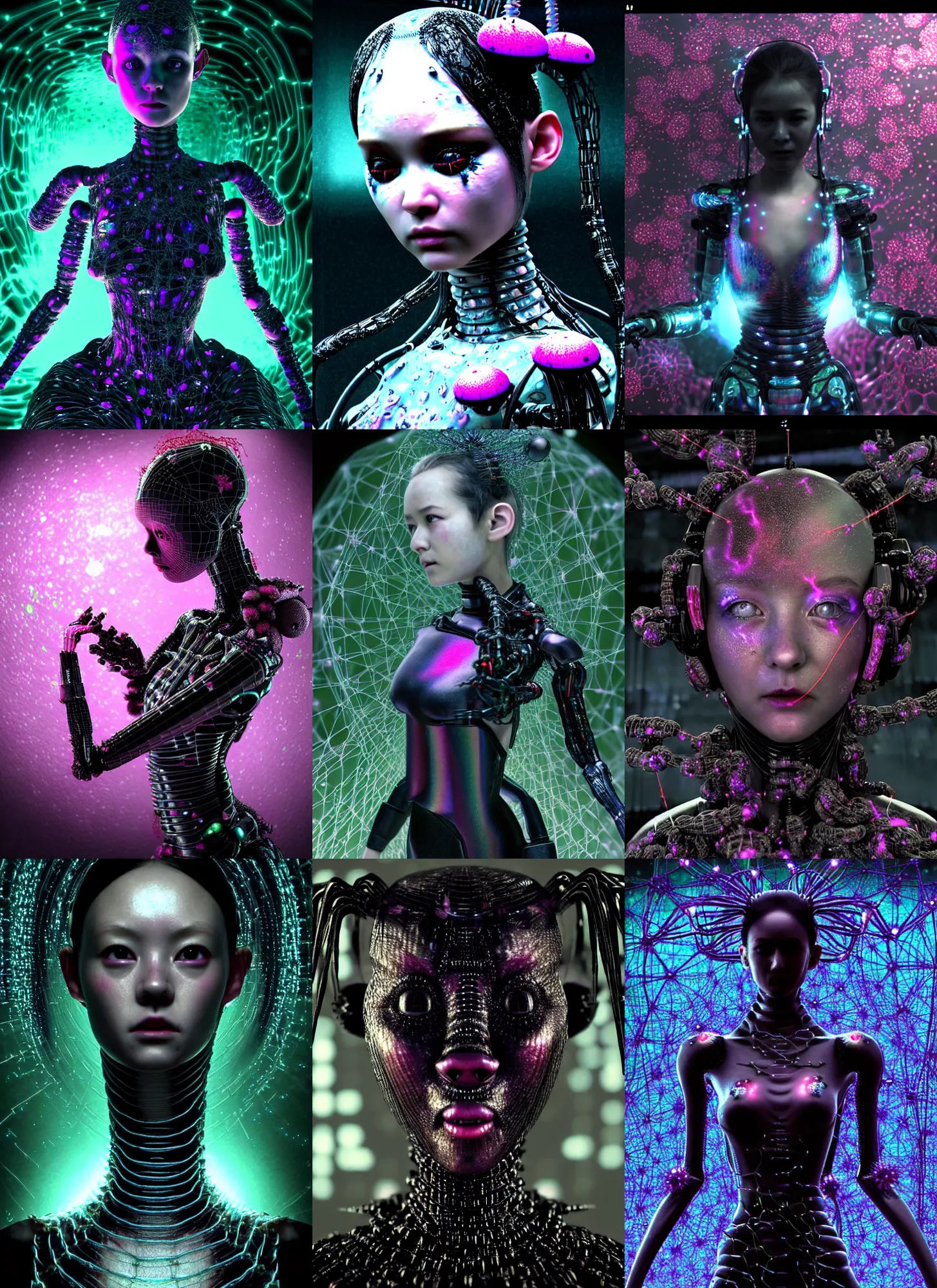 Prompt: hyper detailed 3d render like a dark Oil painting - kawaii screenshot from new matrix movie Aurora (a matrix sentinel robot headed shiny profile lithe borg queen cenobite practical effects) seen Eating of the Strangling network of (charcoal and ben day dots) and milky Fruit wearing spidersilk dress and Her delicate pedipalps hold of gossamer polyp blossoms bring iridescent Cronenberg fungal flowers whose spores black the foolish stars by Jacek Yerka, Ilya Kuvshinov, Glenn Barr, Mariusz Lewandowski, Houdini algorithmic generative render, Abstract brush strokes, Masterpiece, Edward Hopper and James Gilleard, Zdzislaw Beksinski, Mark Ryden, Wolfgang Lettl, hints of Yayoi Kasuma, octane render, 8k