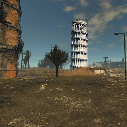 Image similar to Tower of Pisa destroyed post-nuclear war in Fallout 4, in game screenshot