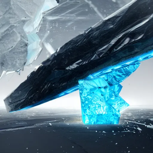 Prompt: obsidian scraps trailing behind a huge chunk of ice which is flying through the air, behance hd artstation, 4 k cinematic