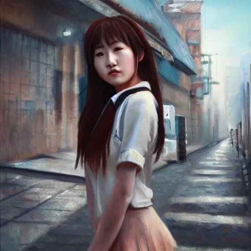 Prompt: a perfect, realistic professional oil painting in mannerism style, of a Japanese schoolgirl posing in a dystopian alleyway, close-up, by a professional American senior artist on ArtStation, a high-quality hollywood-style concept