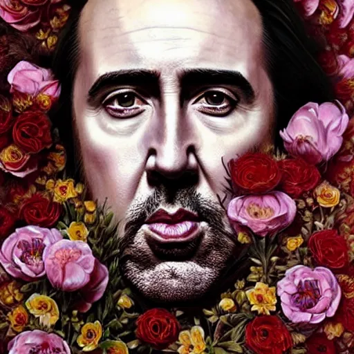 Prompt: portrait study of nicholas cage with floral background, flowers bouquet, by karol bak, artgerm, moebius, elena masci, tom bagshaw, giuseppe arcimboldo, android jones : : portrait, illustration, photorealism, hyperrealism, surrealism, negative space, intricate detail, line work