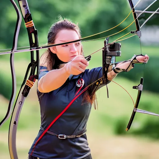 Image similar to photo realistic, consistent and highly detailed face, a attractive sports woman in archery, uhd 8 k, highly detailed