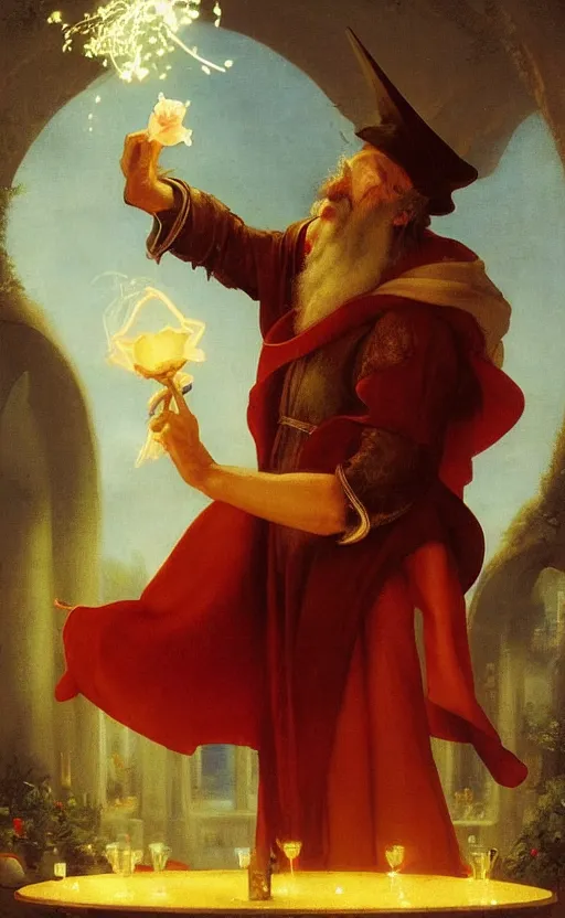 Image similar to a drunk wizard casting a rose petal bloom spell by raphael lacoste and adrian smith and delphin enjolras and daniel f. gerhartz