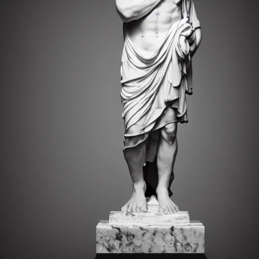 Prompt: a realistic greek white marble statue of adam sandler wearing a ghostly toga, displayed in a museum art gallery, moody, dramatic lighting, dark, photorealistic, cinematic scene, super detailed, hyper realistic, bright lights, 8 k