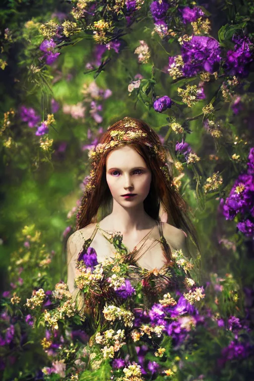 Prompt: beautiful elven women clothed in flowers by malgorzata kmiec, floral, ethereal, elegant