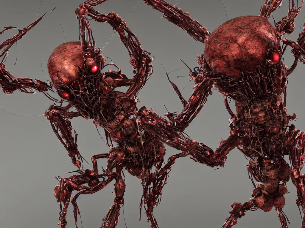 Image similar to Techno-biological iron-meat spider with big artillery cannon in his torso. Consisting of tumors, veins, guts, kidneys, wires, shafts. The head is made of mechanisms and a fanged maw. Bodyhorror, biopunk, extremely high detail, ultra realistic, photorealism, concept art, octane render, view from a distance, 8k, 16k